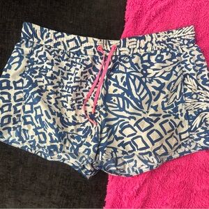 Lilly Pulitzer Blue and White Patterned swim Shorts with Pink Drawstring M